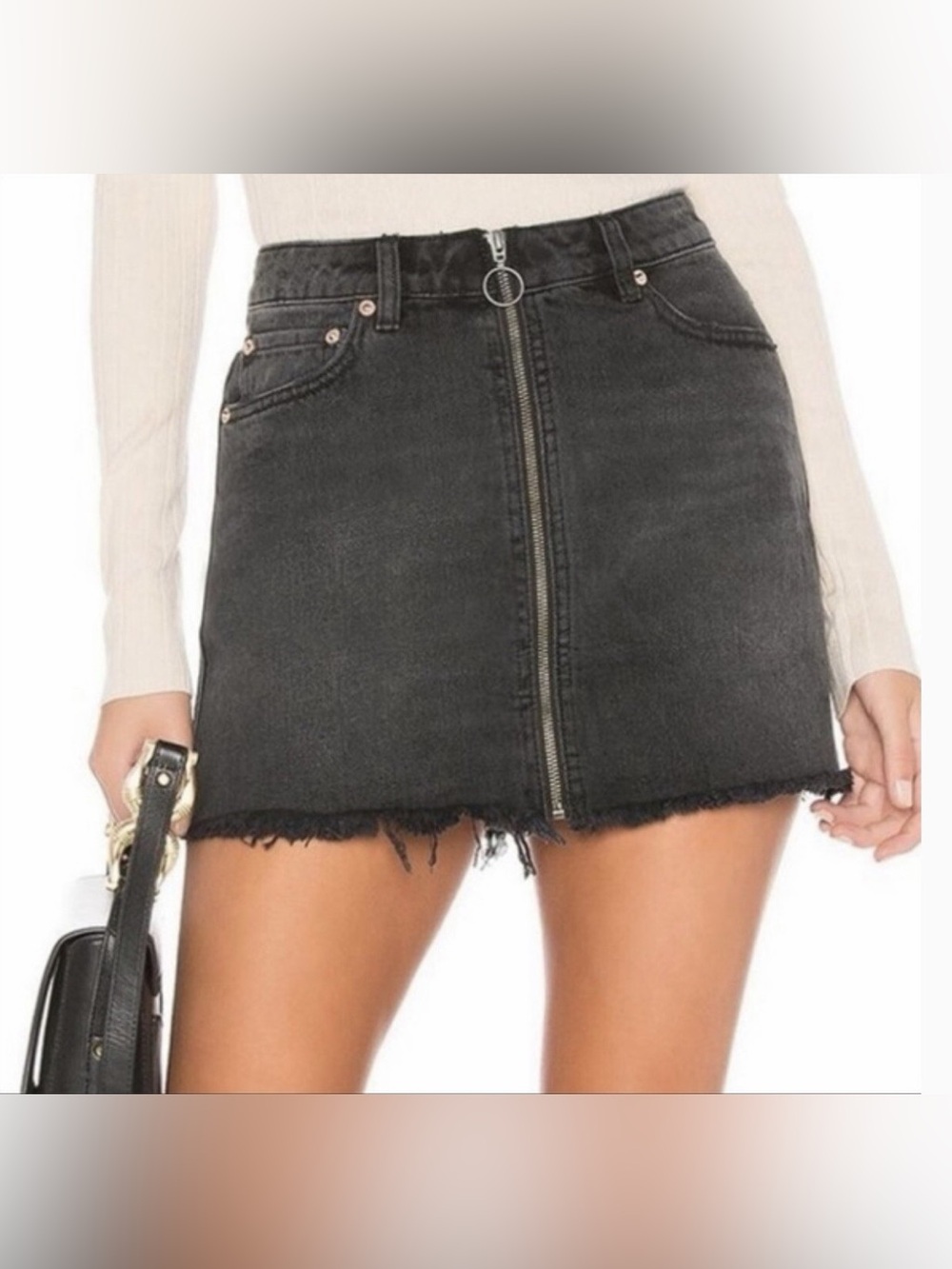 Free People Zip It Up Mini Skirt Black Denim A Line Frayed Hem Size 31